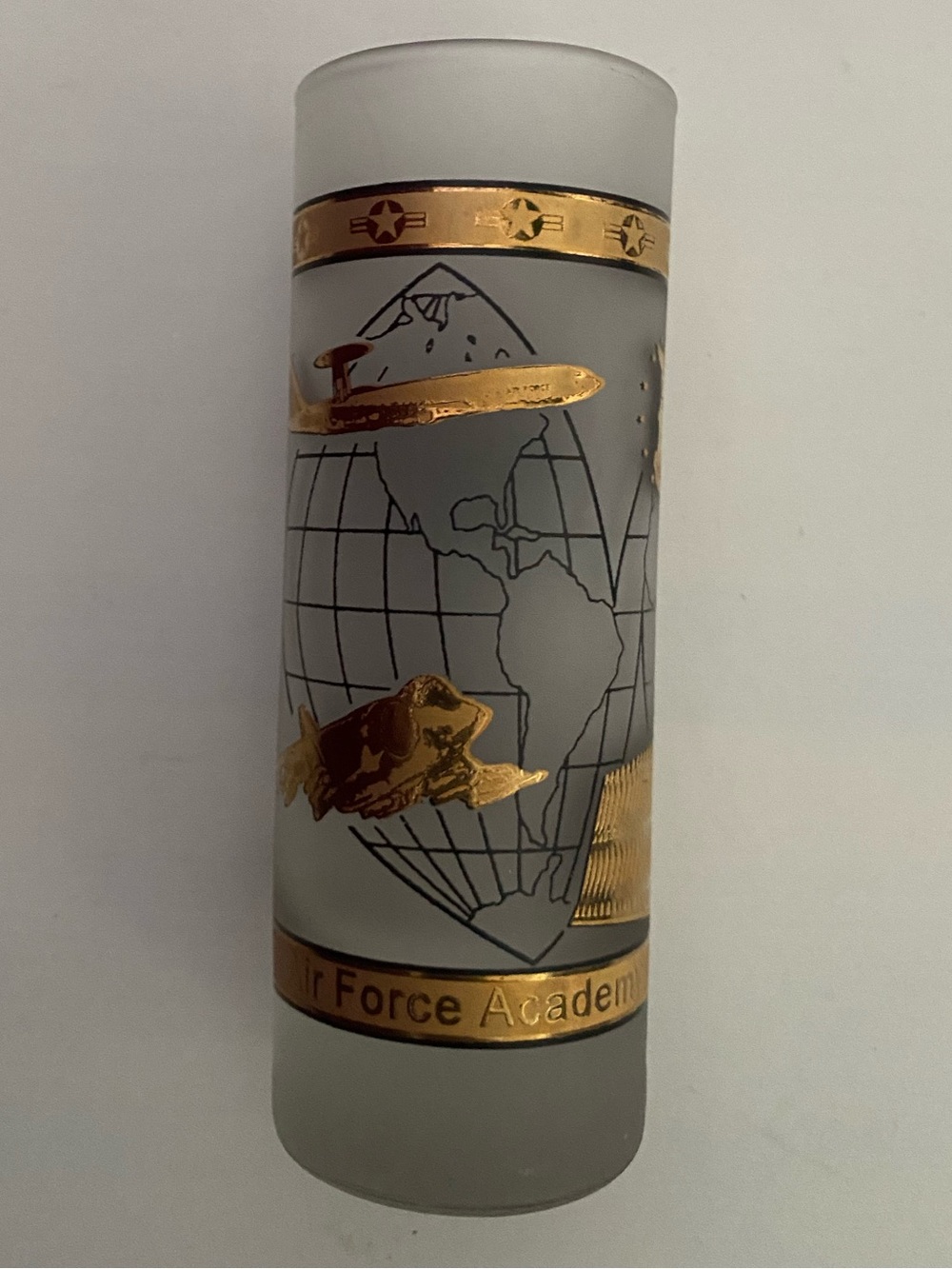 U.S. Air Force Academy frosted shot glass gold-trimmed vintage aircraft graphic